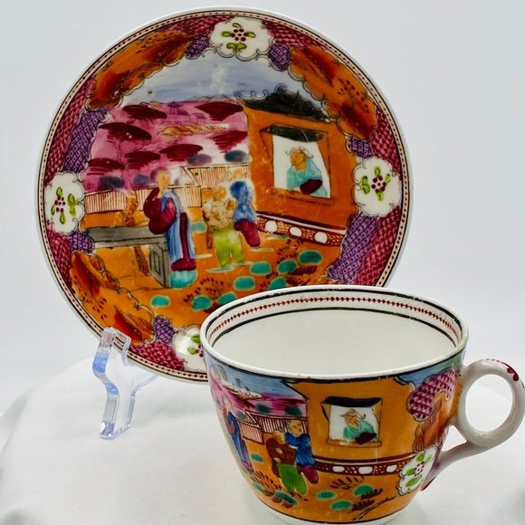 Newhall Pottery c. 1790 cup and coffee plate, RARE, “Woman(or boy) in the Window